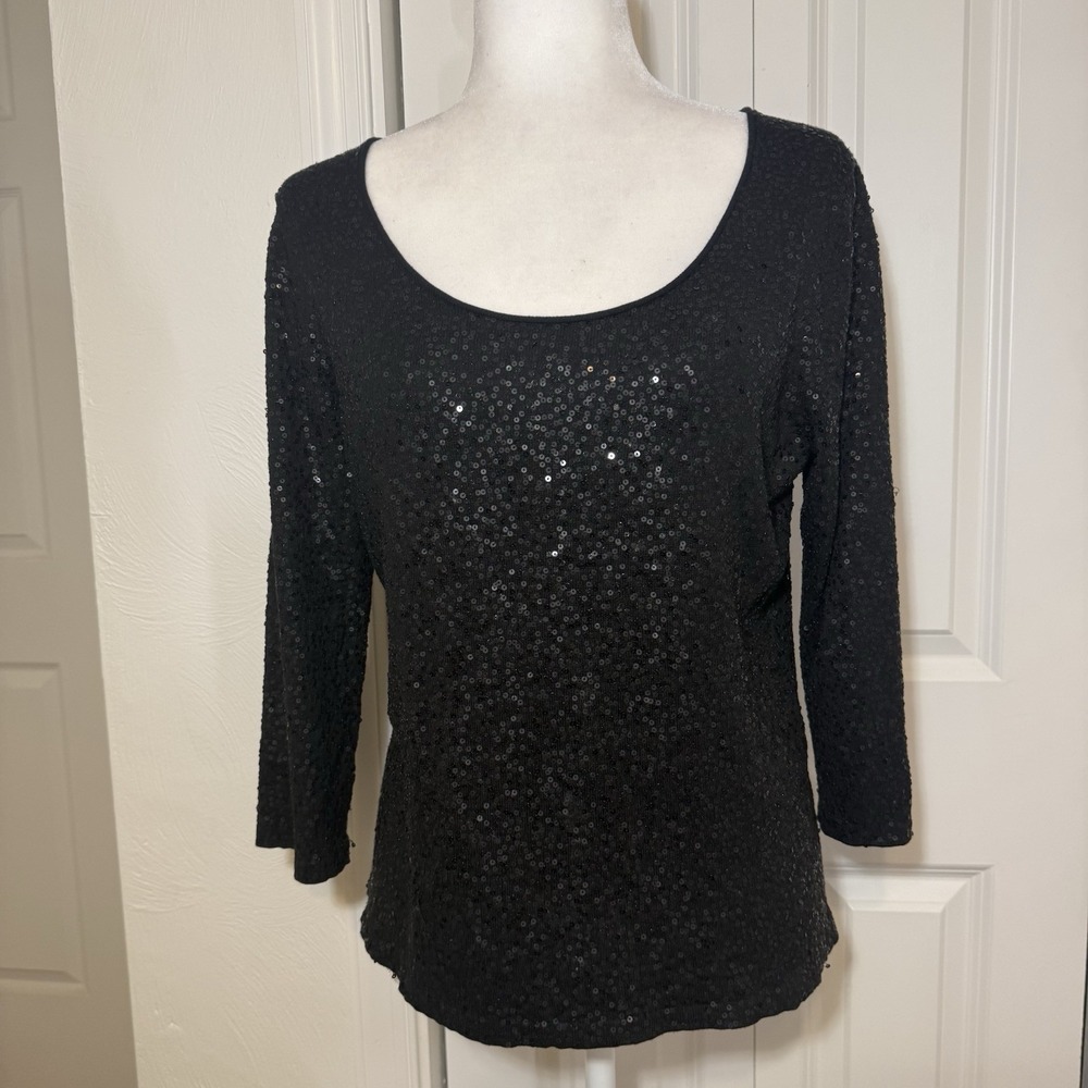 Eileen Fisher Black Sequin Scoop Neck Blouse 100% Silk Size Medium